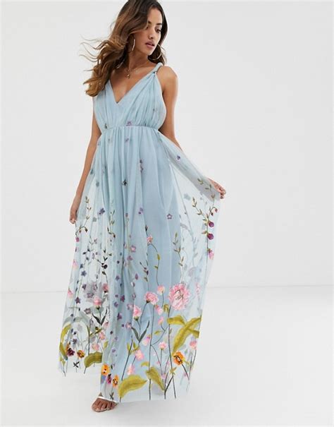 Asos Design Tulle Maxi Dress With Delicate Floral Embroidery And Twist