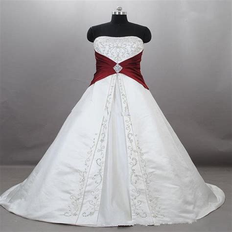 New Strapless Satin Embroidery Red And White Wedding Dresses Lace Up
