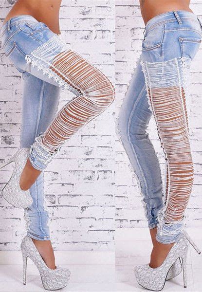 Stylish Low Waisted Hollow Out Lace Spliced Womens Jeans Stylish Jeans