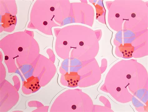 Cute Boba Cat Drinking Bubble Tea Large Premium Sticker Etsy