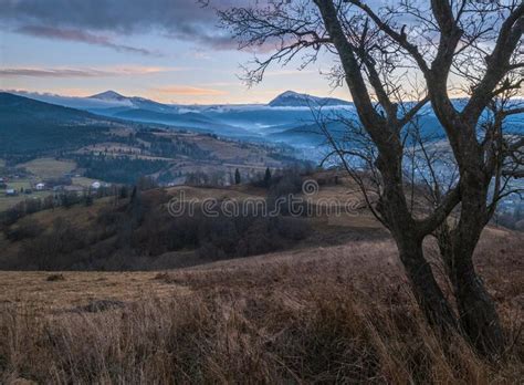 Picturesque Pre Sunrise Morning Above Late Autumn Mountain Countryside