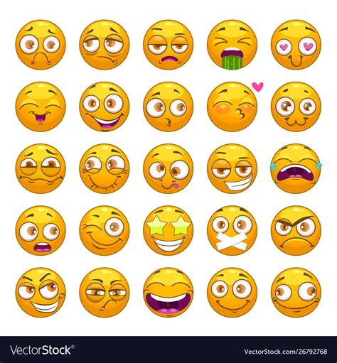 Funny Cartoon Yellow Faces Set Emoji Face Vector Image