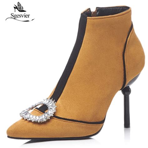 Sgesvier Ankle Boots For Women Luxury Crystal Rhinestone Ring Pointed Toe High Thin Heels