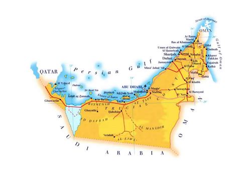 The united arab emirates is one of the persian gulf states, a desert country in the southeast of the arabian peninsula with a. Detailed elevation map of UAE with roads, cities and ...