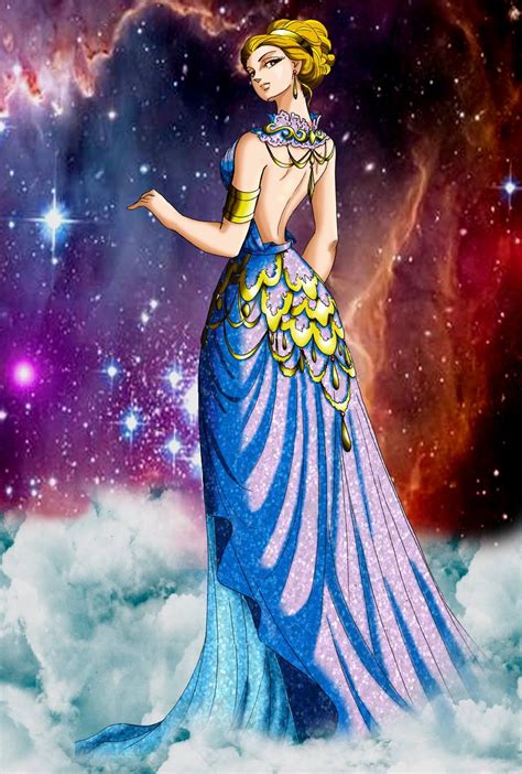 A Woman In A Blue And Purple Dress Standing On Some Clouds With Stars