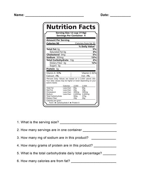 Nutrition Label Comparison Worksheet
