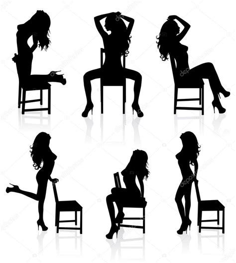 Set Of Vector Silhouettes Of A Naked Stripper Woman With A Chair My