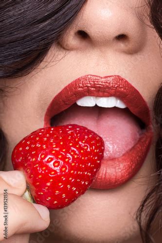 Woman Skin Lip Tongue Licking Strawberry Red Lipstick Buy This