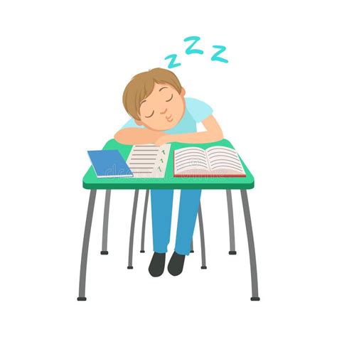 Schoolboy Sitting Behind The Desk In School Class Sleeping On Notebooks