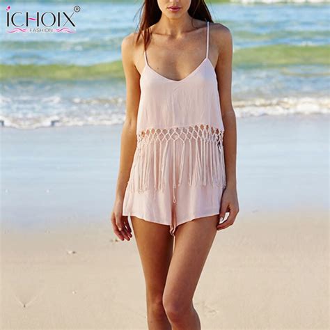 Summer Casual Women Playsuits Sexy V Neck Tassel Sling Jumpsuit