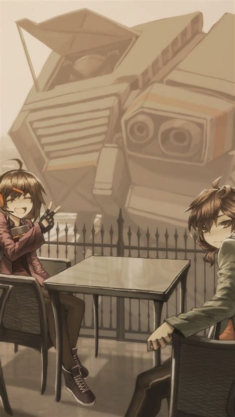 Wallpaper Headphones Boy Smiling Anime Girl Buildings Mecha Robot