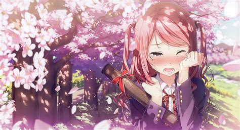 Wallpaper 3500x1898 Px Blushing Cherry Blossom Cute Anime Girl