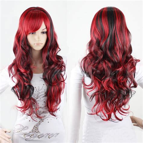 New Fashion Long Black Mix Red Wavy Curly Women Cosplay Party Hair Wig