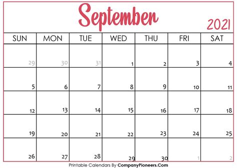 September 2021 Calendar Printable Printable 2020 Calendars September