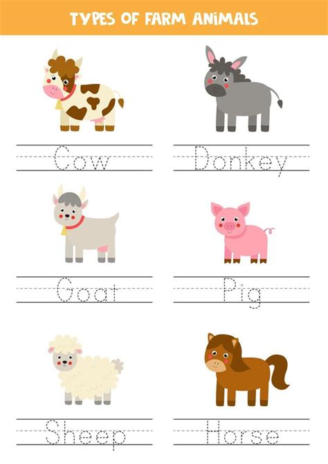 Tracing Names Of Farm Animals Writing Practice 8007838 Vector Art At
