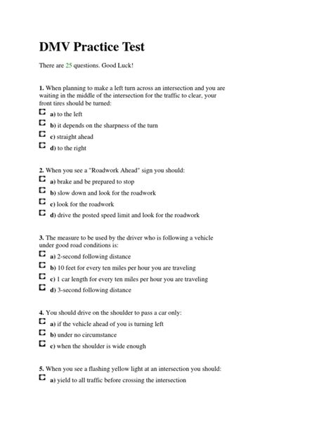 A passing score is at least 15 correct answers. DMV_Practice_Test | Traffic | Transportation Engineering