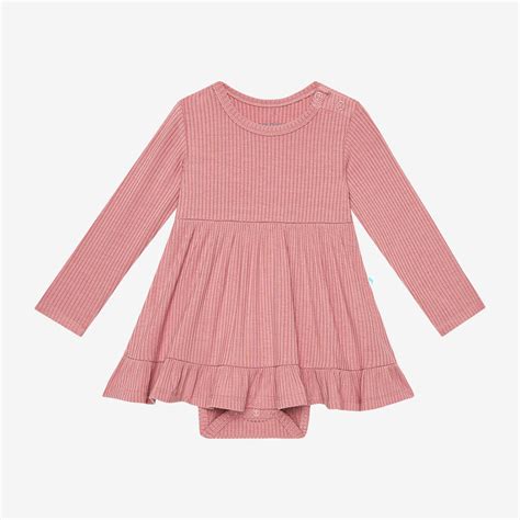 Solid Ribbed Pink Ruffled Baby Bodysuit Dress Dusty Rose Ribbed