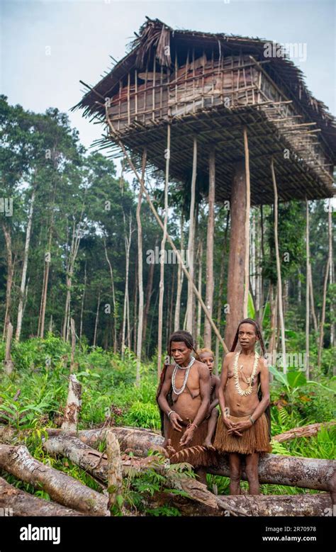 Few People Korowai Tribe Near His Home In The Jungle Tribe Of Korowai