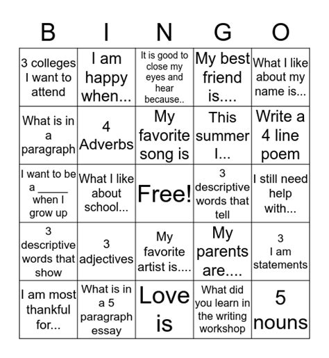 Creative Writing Bingo Card