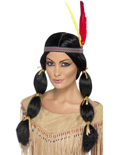Native American Indian Wig Ladies Pocahontas Squaw Western Wild West Abracadabra Fancy Dress
