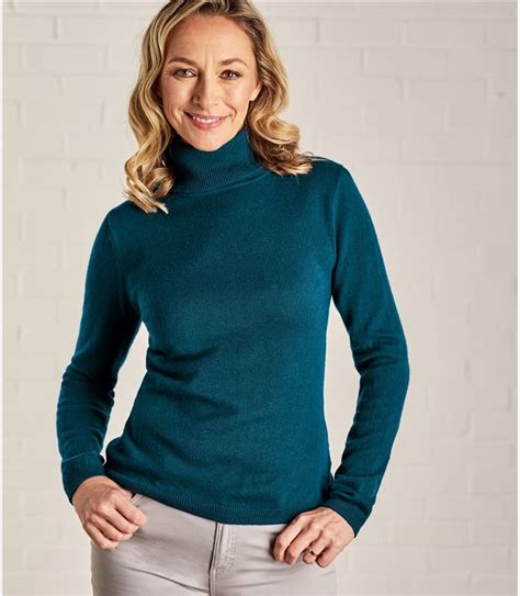 Dark Teal Womens Cashmere And Merino Polo Neck Jumper Woolovers Uk