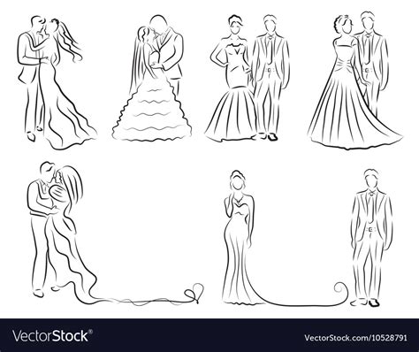 Silhouette Of Bride And Groom Set Newlyweds Sketch