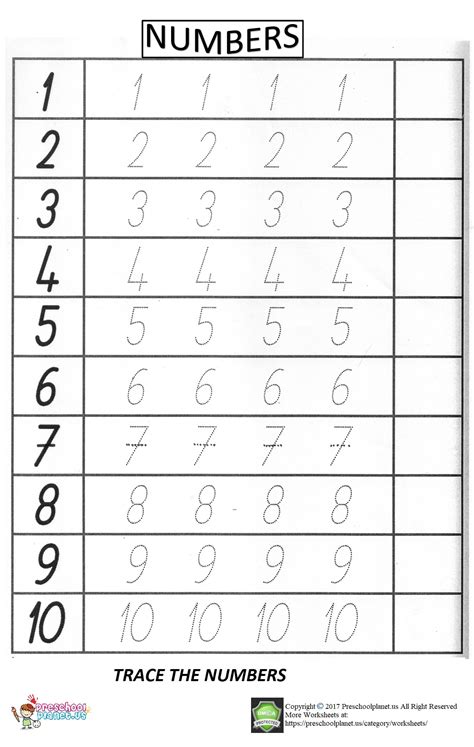 Number trace worksheet for preschool