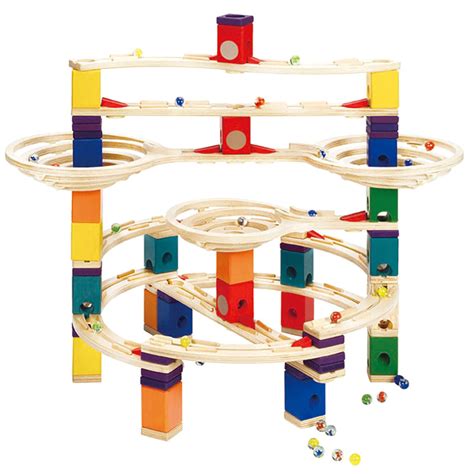 Build this wooden machine which does math using glass marbles. Hape Quadrilla Challenger Wooden Marble Run Race Maze Kid ...