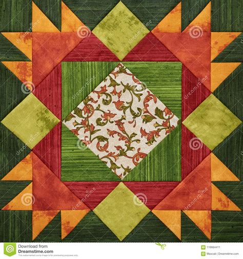 Bright Orange Green Geometric Patchwork Block From Pieces Of Fabrics
