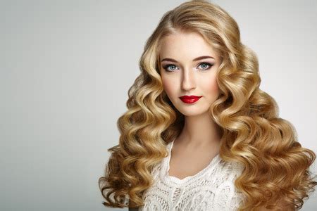 Beautiful Girl With Long Wavy And Shiny Hair Blonde Woman With Curly Hairstyle Perfect Make