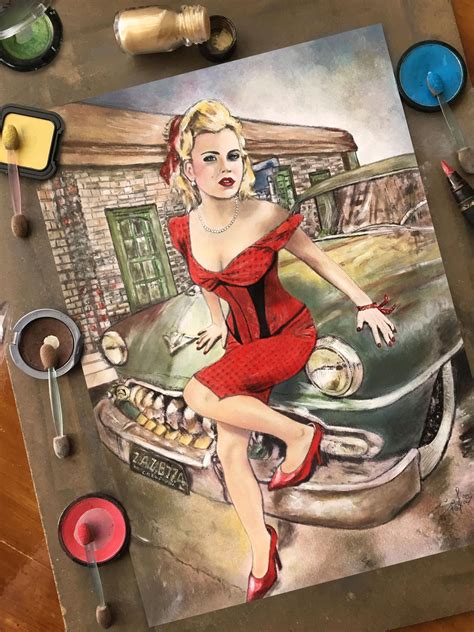 My Drawing Made With Makeup 💄 Vintage Pin Up Girl Sitting On A Car Drawing