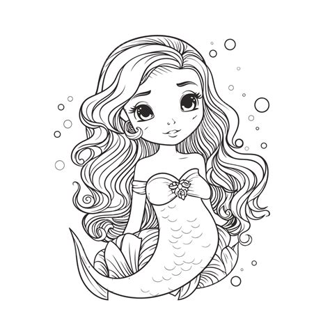 Kids Coloring Pages Mermaids With Beautiful Hair And Big Eyes Outline