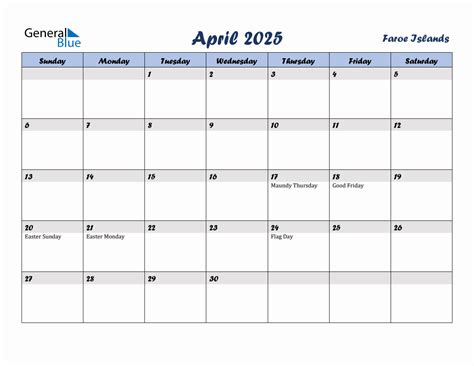 April 2025 Monthly Calendar Template With Holidays For Faroe Islands