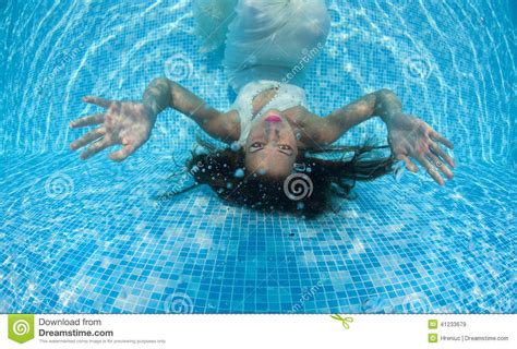 Beautiful Woman Girl White Dress Underwater Diving Swim Blue Sunny Day Pool Girls White Dress