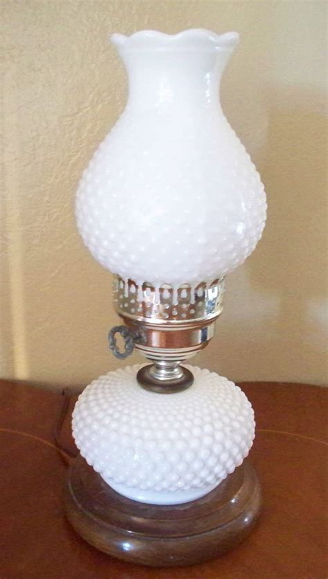 Vintage Milk Glass Hobnail Hurricane Electric Lamp Wooden Base