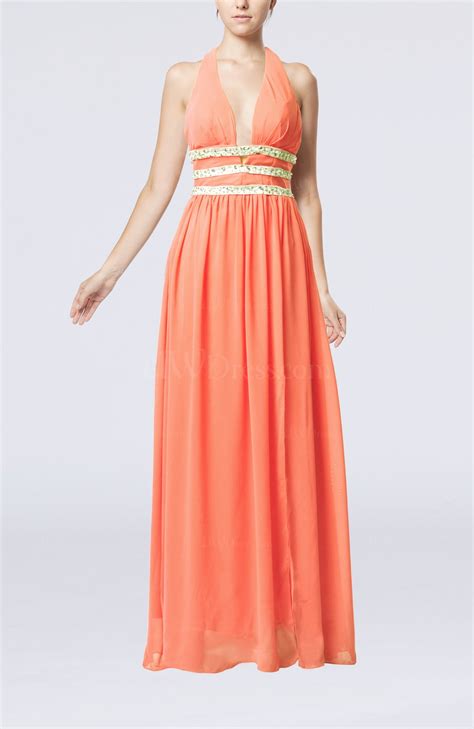 Coral Glamorous V Neck Chiffon Floor Length Pleated Party Dresses