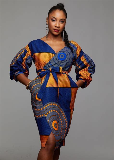 Bisi African Print Pleated Sleeve Wrap Dress Yellow Blue Circles Diyanu African Design