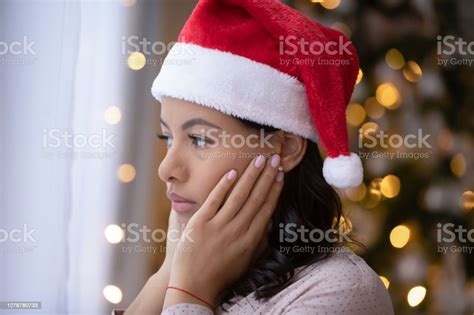 Sad African American Woman Feel Lonely On Christmas Day Stock Photo