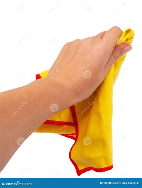 Yellow Cleaning Rag In Hand Isolated On The White Stock Photo Image
