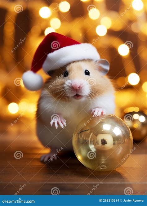 Cute Hamster Wearing A Santa Claus Hat With A Christmas Ball Stock