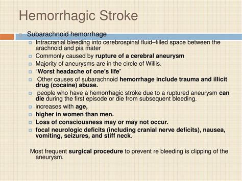 A hemorrhagic stroke can happen when bleeding in the brain damages brain cells. PPT - Stroke: Nursing Management PowerPoint Presentation ...