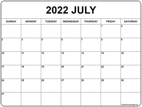 2022 Yearly Printable Calendar July 2022
