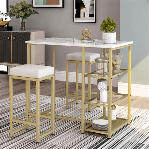 veryke 3 piece modern pub sets counter height table with faux marble countertop and storage