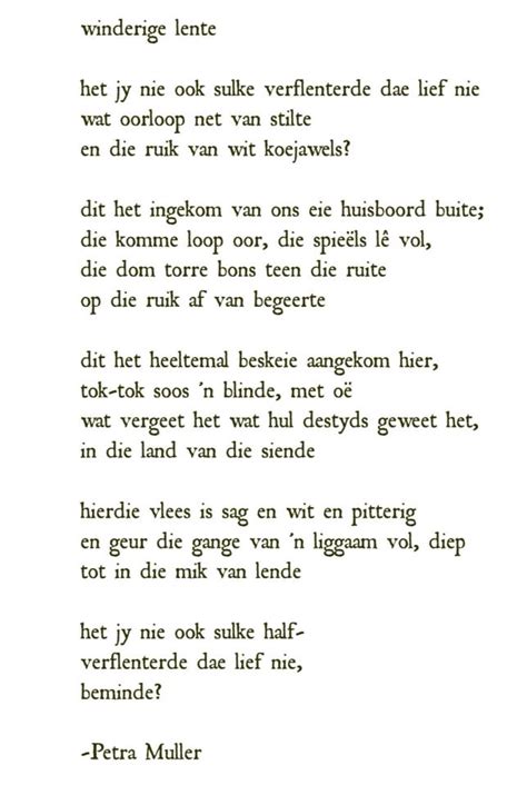 A collection of afrikaans set poems from the matric syllabus. Winderige lente | Petra Müller | Het jy nie ook sulke ...
