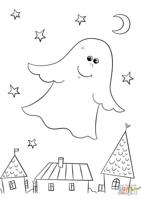 Free printable halloween coloring pages suitable for toddlers and preschool and kindergarten kids to print and color. Cute Ghost Flying over Rooftops coloring page | Free ...