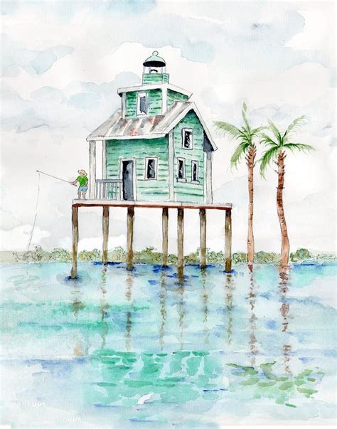 Rustic Beach House Watercolor Painting Coastal House Decor Etsy