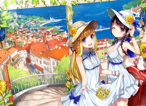 Wallpaper Anime Girls Summer City Landscape Ocean Summer Dress Hat