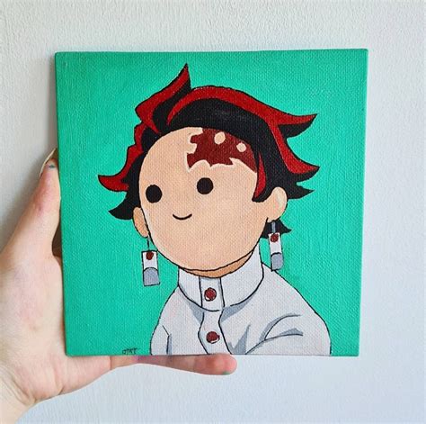 Tanjiro Demon Slayer Acrylic Painting Hand Painted On A 15 Cm Etsy
