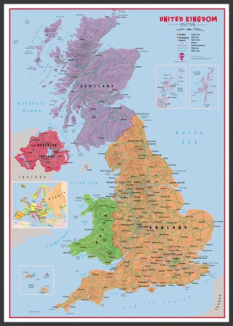 Large Primary Uk Wall Map Political Pinboard And Wood Frame Black