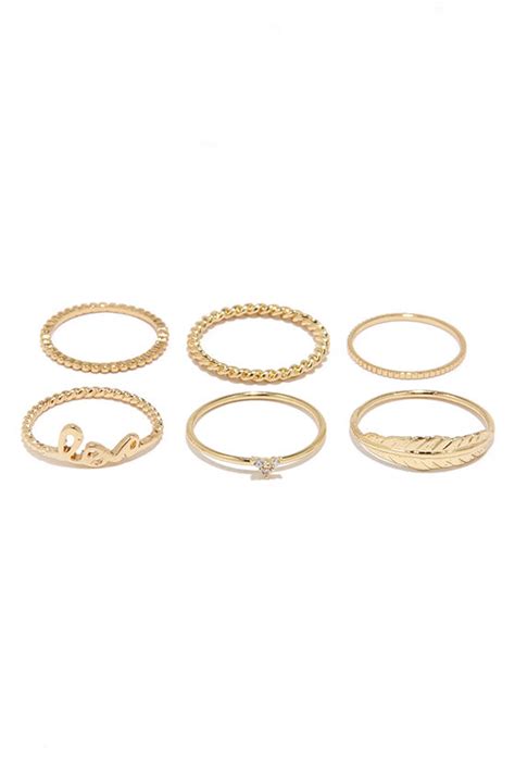 Cute Gold Ring Set Love Ring Feather Ring Midi Rings 1900